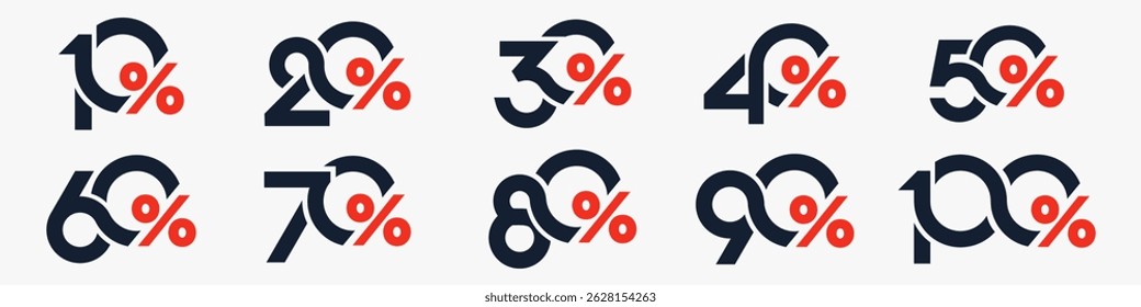 conjunto de coleção de números de desconto, Ícones de venda ou etiquetas com 10, 20, 30, 40, 50, 60, 70, 80, 90 por cento de desconto. Ilustração vetorial.
