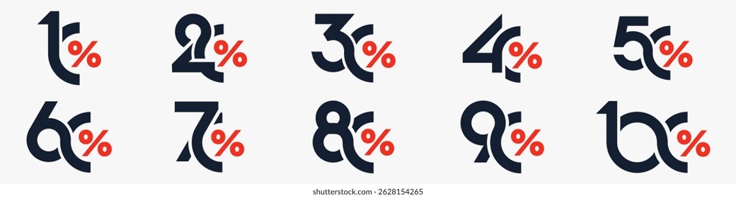 conjunto de coleção de números de desconto, Ícones de venda ou etiquetas com 10, 20, 30, 40, 50, 60, 70, 80, 90 por cento de desconto. Ilustração vetorial.