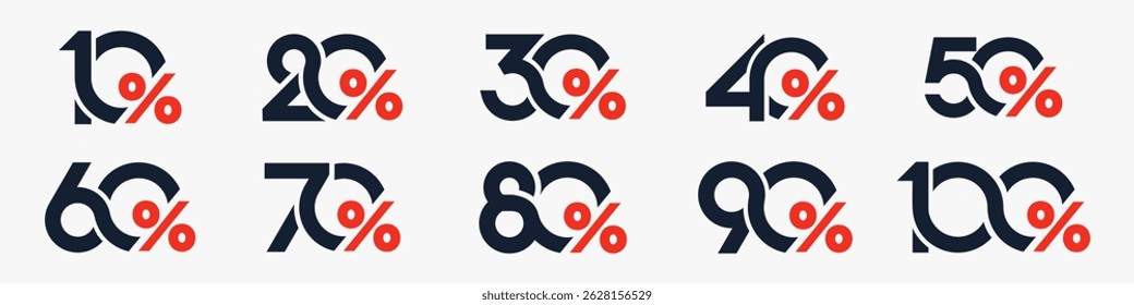 conjunto de coleção de números de desconto, Ícones de venda ou etiquetas com 10, 20, 30, 40, 50, 60, 70, 80, 90 por cento de desconto. Ilustração vetorial.