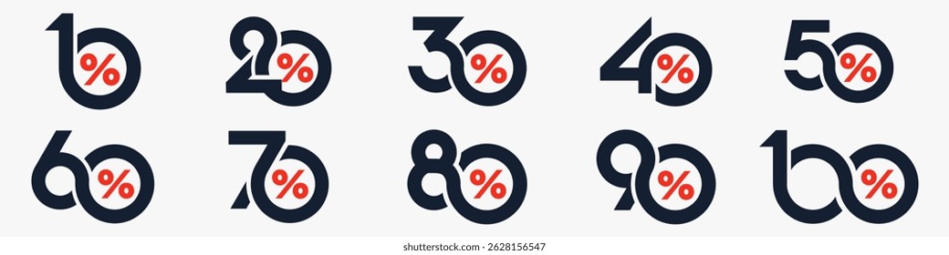 conjunto de coleção de números de desconto, Ícones de venda ou etiquetas com 10, 20, 30, 40, 50, 60, 70, 80, 90 por cento de desconto. Ilustração vetorial.