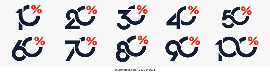 conjunto de coleção de números de desconto, Ícones de venda ou etiquetas com 10, 20, 30, 40, 50, 60, 70, 80, 90 por cento de desconto. Ilustração vetorial.