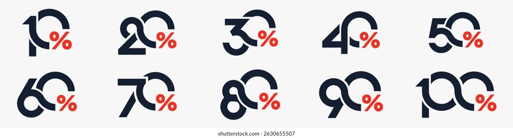 conjunto de coleção de números de desconto, Ícones de venda ou etiquetas com 10, 20, 30, 40, 50, 60, 70, 80, 90 por cento de desconto. Ilustração vetorial.