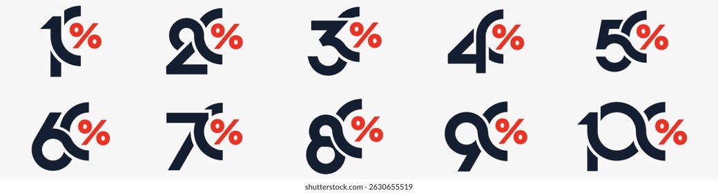 conjunto de coleção de números de desconto, Ícones de venda ou etiquetas com 10, 20, 30, 40, 50, 60, 70, 80, 90 por cento de desconto. Ilustração vetorial.