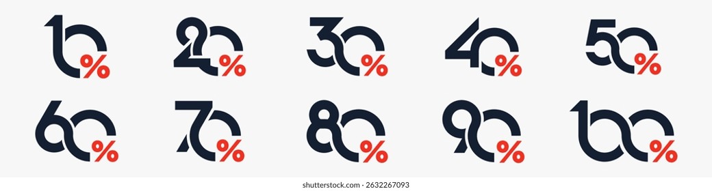 conjunto de coleção de números de desconto, Ícones de venda ou etiquetas com 10, 20, 30, 40, 50, 60, 70, 80, 90 por cento de desconto. Ilustração vetorial.