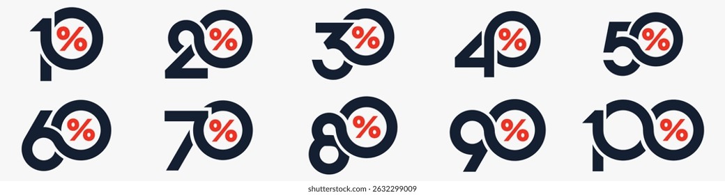 conjunto de coleção de números de desconto, Ícones de venda ou etiquetas com 10, 20, 30, 40, 50, 60, 70, 80, 90 por cento de desconto. Ilustração vetorial.