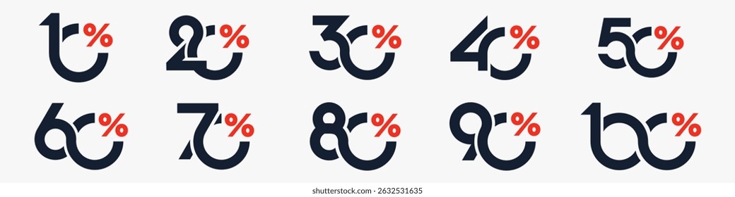 conjunto de coleção de números de desconto, Ícones de venda ou etiquetas com 10, 20, 30, 40, 50, 60, 70, 80, 90 por cento de desconto. Ilustração vetorial.