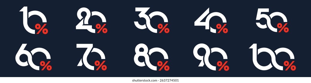 set of collection of discount numbers, Sale icons or tags with 10, 20, 30, 40, 50, 60, 70, 80, 90 percent discount. Vector illustration.