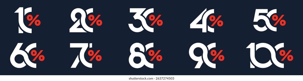 set of collection of discount numbers, Sale icons or tags with 10, 20, 30, 40, 50, 60, 70, 80, 90 percent discount. Vector illustration.