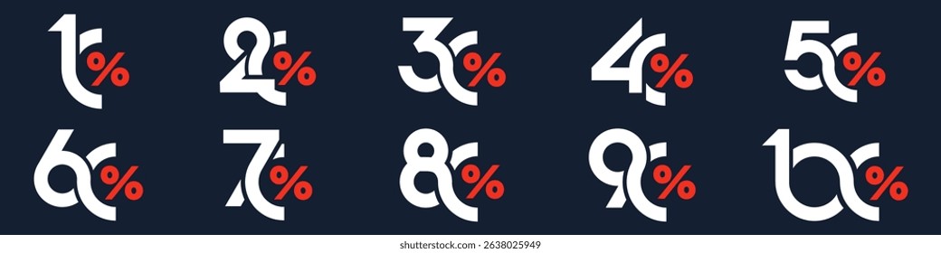 set of collection of discount numbers, Sale icons or tags with 10, 20, 30, 40, 50, 60, 70, 80, 90 percent discount. Vector illustration.