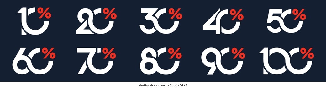set of collection of discount numbers, Sale icons or tags with 10, 20, 30, 40, 50, 60, 70, 80, 90 percent discount. Vector illustration.
