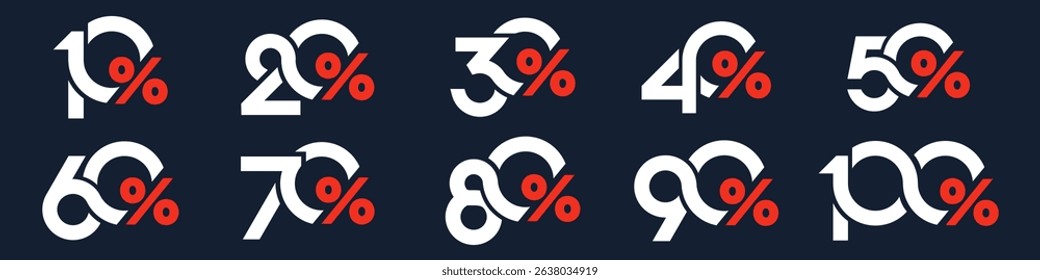 set of collection of discount numbers, Sale icons or tags with 10, 20, 30, 40, 50, 60, 70, 80, 90 percent discount. Vector illustration.