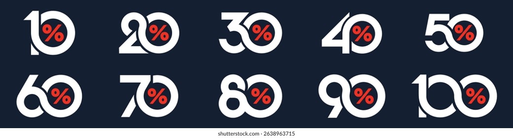 set of collection of discount numbers, Sale icons or tags with 10, 20, 30, 40, 50, 60, 70, 80, 90 percent discount. Vector illustration.