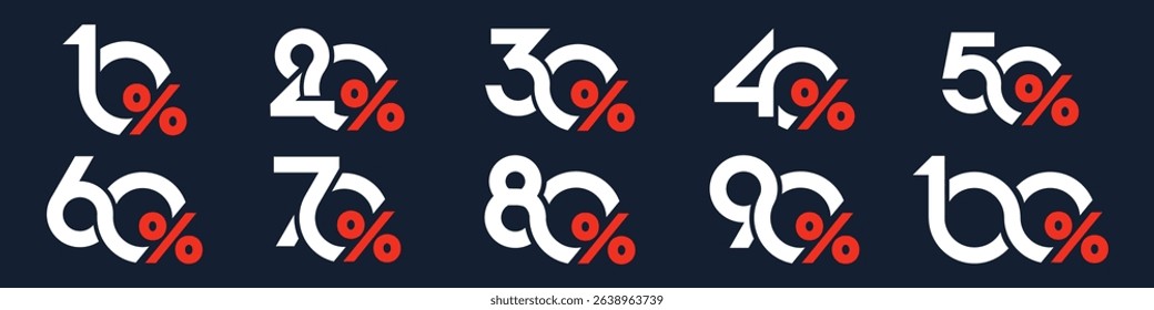 set of collection of discount numbers, Sale icons or tags with 10, 20, 30, 40, 50, 60, 70, 80, 90 percent discount. Vector illustration.