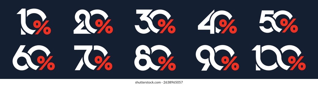 set of collection of discount numbers, Sale icons or tags with 10, 20, 30, 40, 50, 60, 70, 80, 90 percent discount. Vector illustration.
