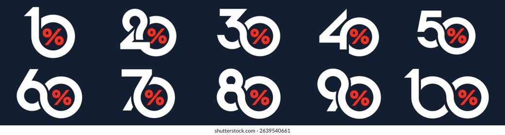 set of collection of discount numbers, Sale icons or tags with 10, 20, 30, 40, 50, 60, 70, 80, 90 percent discount. Vector illustration.