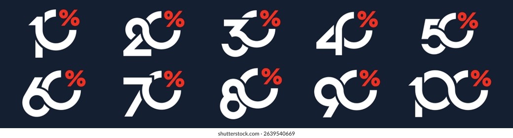 set of collection of discount numbers, Sale icons or tags with 10, 20, 30, 40, 50, 60, 70, 80, 90 percent discount. Vector illustration.