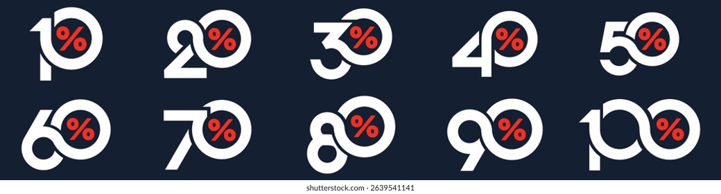 set of collection of discount numbers, Sale icons or tags with 10, 20, 30, 40, 50, 60, 70, 80, 90 percent discount. Vector illustration.