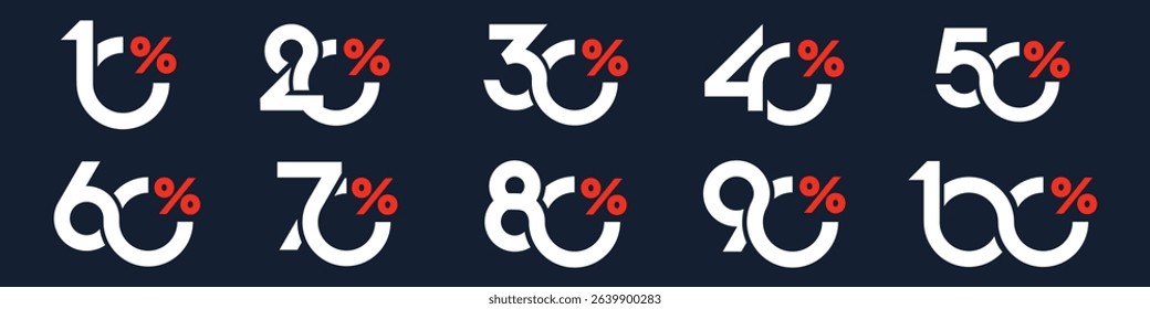 set of collection of discount numbers, Sale icons or tags with 10, 20, 30, 40, 50, 60, 70, 80, 90 percent discount. Vector illustration.