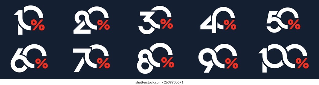 set of collection of discount numbers, Sale icons or tags with 10, 20, 30, 40, 50, 60, 70, 80, 90 percent discount. Vector illustration.