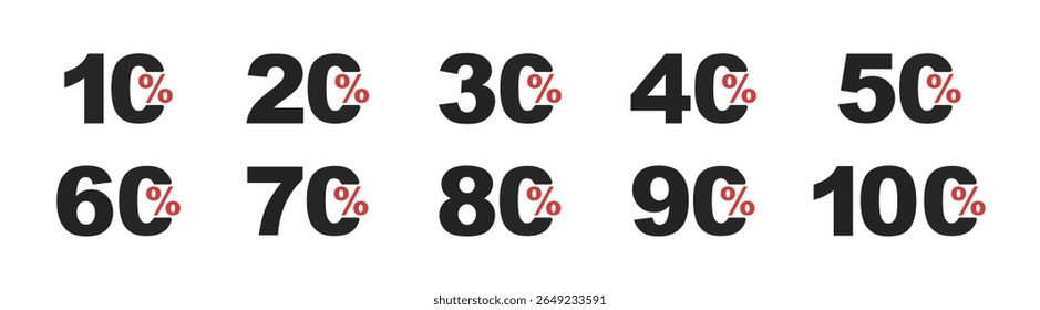 Conjunto de coleção de números de desconto. Números de desconto de compras com 10, 20, 30, 40, 50, 60, 70, 80, 90, 100 por cento de desconto.