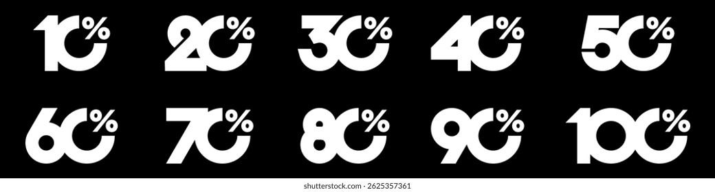 conjunto de coleção de números de desconto cor branca, ícones de venda ou etiquetas com 10, 20, 30, 40, 50, 60, 70, 80, 90 por cento de desconto. Ilustração vetorial.