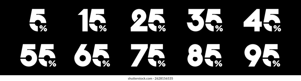 conjunto de coleção de números de desconto cor branca, ícones de venda ou etiquetas com 10, 20, 30, 40, 50, 60, 70, 80, 90 por cento de desconto. Ilustração vetorial.