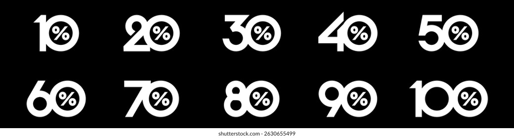 conjunto de coleção de números de desconto cor branca, ícones de venda ou etiquetas com 10, 20, 30, 40, 50, 60, 70, 80, 90 por cento de desconto. Ilustração vetorial.
