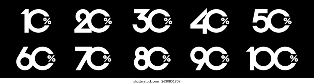conjunto de coleção de números de desconto cor branca, ícones de venda ou etiquetas com 10, 20, 30, 40, 50, 60, 70, 80, 90 por cento de desconto. Ilustração vetorial.