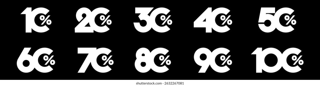 conjunto de coleção de números de desconto cor branca, ícones de venda ou etiquetas com 10, 20, 30, 40, 50, 60, 70, 80, 90 por cento de desconto. Ilustração vetorial.