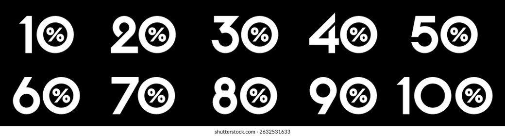 conjunto de coleção de números de desconto cor branca, ícones de venda ou etiquetas com 10, 20, 30, 40, 50, 60, 70, 80, 90 por cento de desconto. Ilustração vetorial.