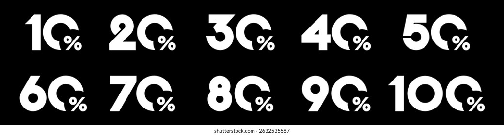 conjunto de coleção de números de desconto cor branca, ícones de venda ou etiquetas com 10, 20, 30, 40, 50, 60, 70, 80, 90 por cento de desconto. Ilustração vetorial.