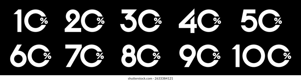 conjunto de coleção de números de desconto cor branca, ícones de venda ou etiquetas com 10, 20, 30, 40, 50, 60, 70, 80, 90 por cento de desconto. Ilustração vetorial.