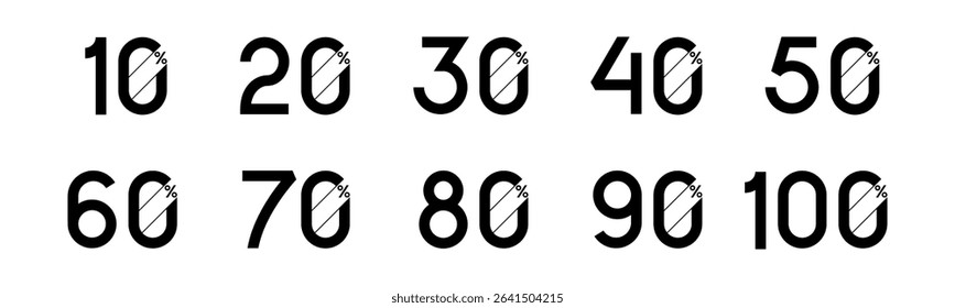 Set of collection discount sale labels black color vector illustration. Shopping discount amount with discount 10, 20, 30, 40, 50, 60, 70, 80, 90, 100%