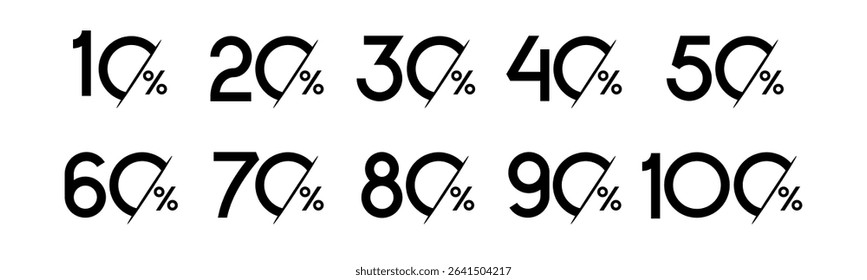 Set of collection discount sale labels black color vector illustration. Shopping discount amount with discount 10, 20, 30, 40, 50, 60, 70, 80, 90, 100%