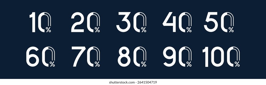 Set of collection discount sale labels white color vector illustration. Shopping discount amount with discount 10, 20, 30, 40, 50, 60, 70, 80, 90, 100%