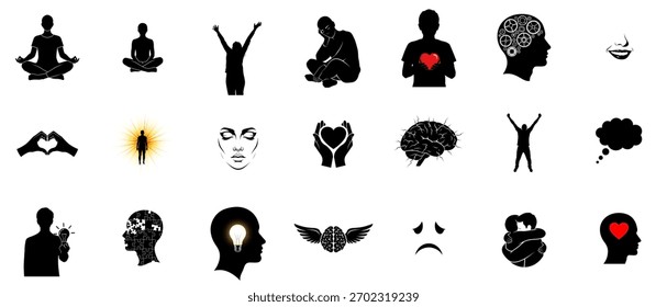 Conjunto de Colección de diversas emociones humanas y estados mentales representados como siluetas negras sobre un fondo blanco