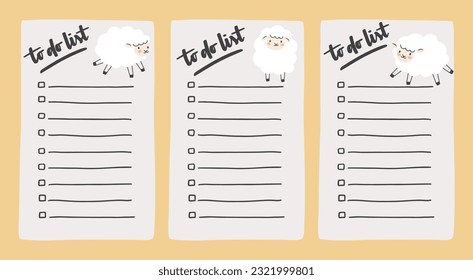 Set collection of to do list template decorated by cute sheep. Cute design of schedule, daily planner or checklist. Perfect for planning, notes and self-organization. Vector illustration