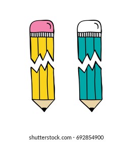 Set, collection of doodle broken pencils isolated on white background.