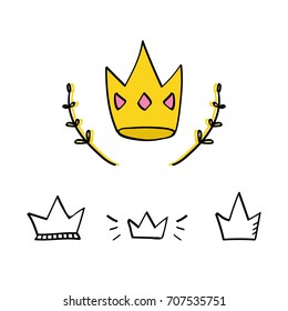 Set, collection of doodle crowns isolated on white background.