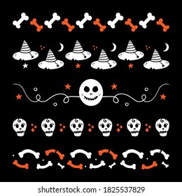 Set, collection of doodle, hand drawn Halloween borders, headers with witch hats, skulls and bones design.