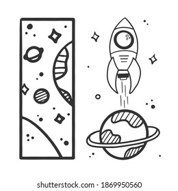 Set, collection of doodle, hand drawn space, cosmos icons. Planet, rocket launch and outer space view vector design elements.
