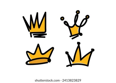 Set, collection of doodle, hand drawn golden crowns. Vector crown icons.
