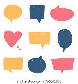 Set, collection of doodle, hand drawn colorful speech bubbles isolated on white background.