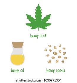 Set, collection of doodle hemp products. Hemp leaves, seeds, bottle of oil isolated on white background.

