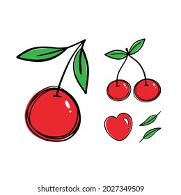 Set, collection of doodle red cherres and green leaves vector cartoon icon, illustration.