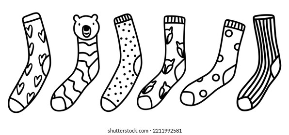 Set, Sammlung von Doodle Socken-Symbole mit verschiedenen Ornamenten einzeln auf weißem Hintergrund.