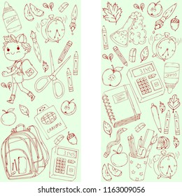 A set collection of doodle style objects and kids. Back to school theme. Cute cartoon, hand drawn. Autumn leafs, supplies, clear fancy backpack.