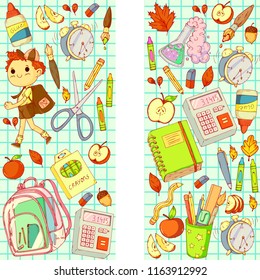 A set collection of doodle style objects and kids. Back to school theme. Cute cartoon, hand drawn. Autumn leafs, supplies, clear fancy backpack.