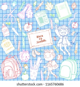 A set collection of doodle style objects and kids. Back to school theme. Cute cartoon, hand drawn. Autumn leafs, supplies, clear fancy backpack, chemistry, calculator, notebook, alarm clock