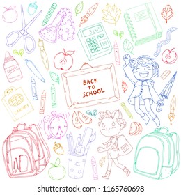 A set collection of doodle style objects and kids. Back to school theme. Cute cartoon, hand drawn. Autumn leafs, supplies, clear fancy backpack, chemistry, calculator, notebook, alarm clock